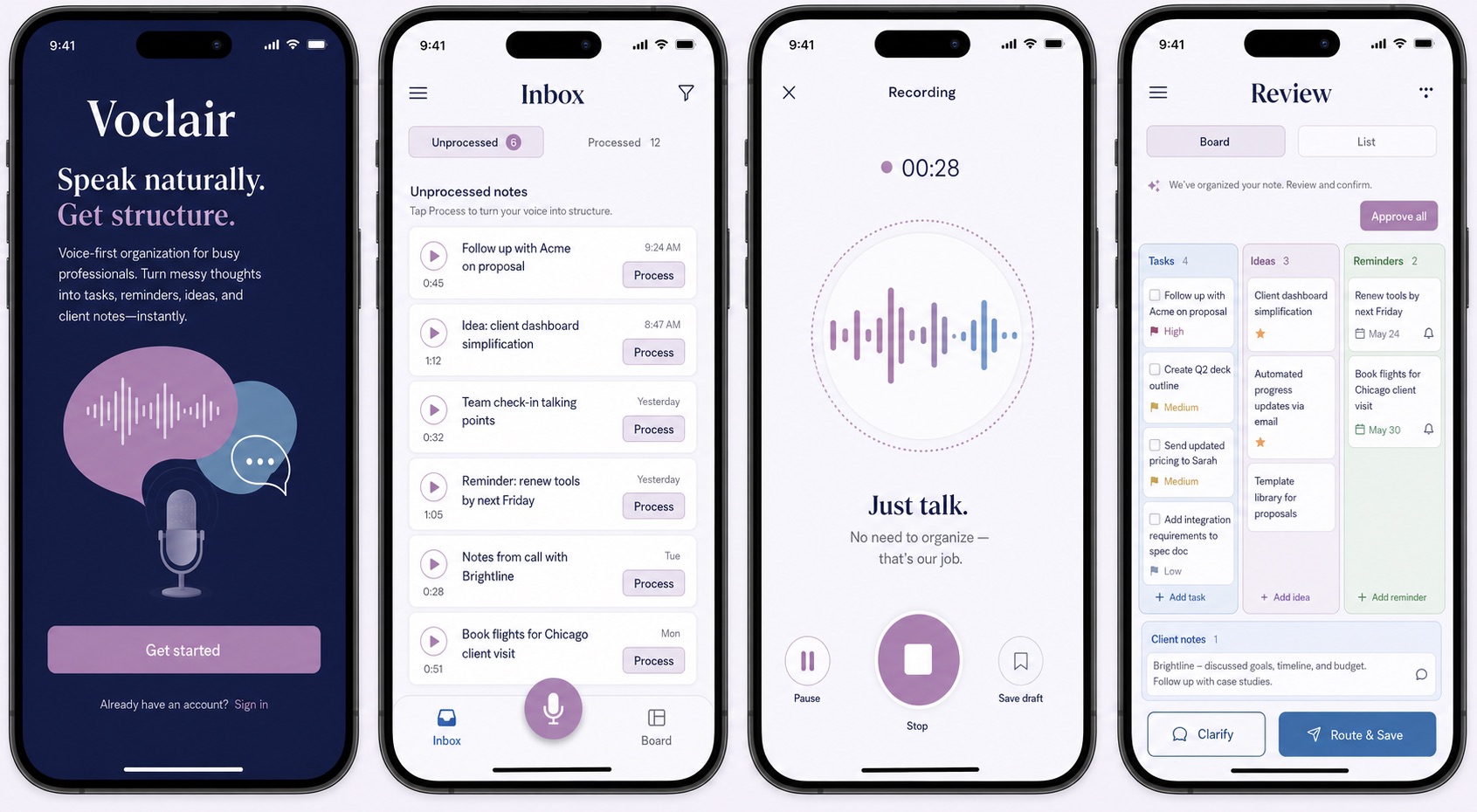 Voclair voice recording and organization app screens